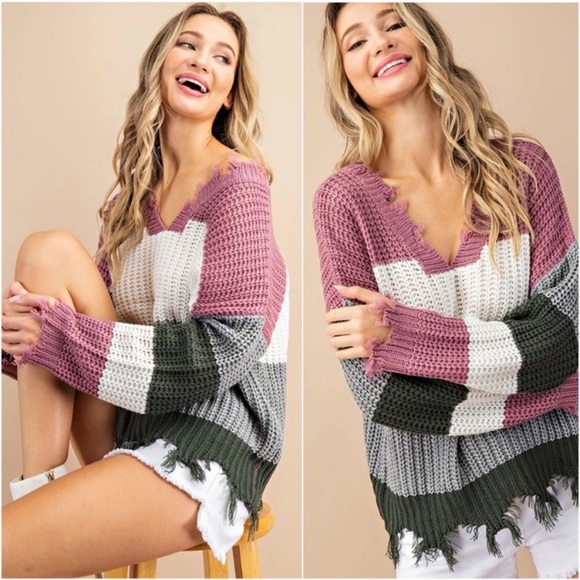 (35)1LEFT🌺New Women’s Trendy Fall Distressed Frayed Colorblock Must Have Sweater - Picture 2 of 4